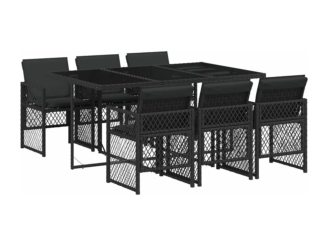 Set da Pranzo da Giardino 7 pz Nero con Cuscini in Polyrattan