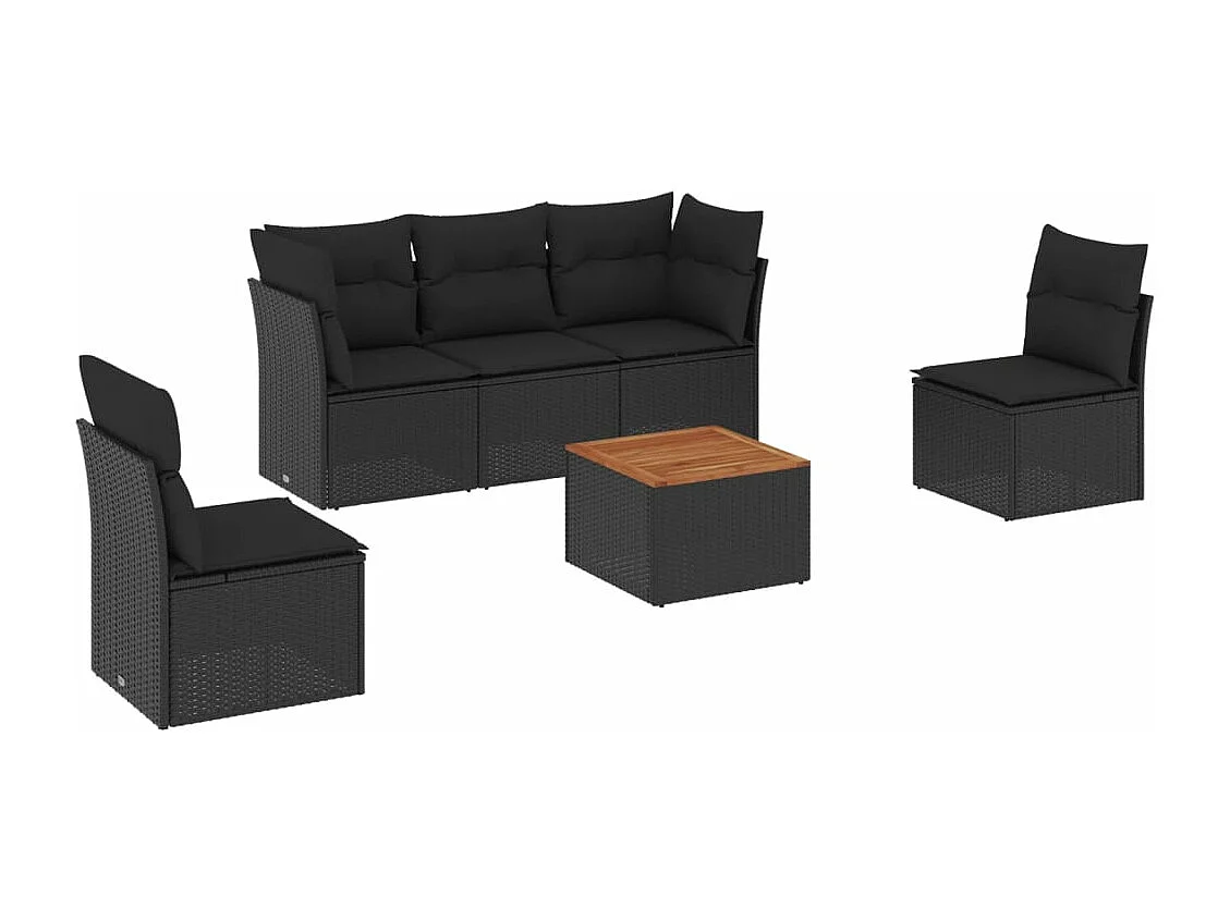 6-delige Loungeset met kussens poly rattan zwart