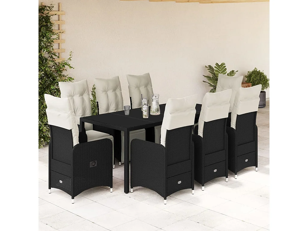 Ensemble de bistro de jardin 9 pcs coussins noir poly rotin