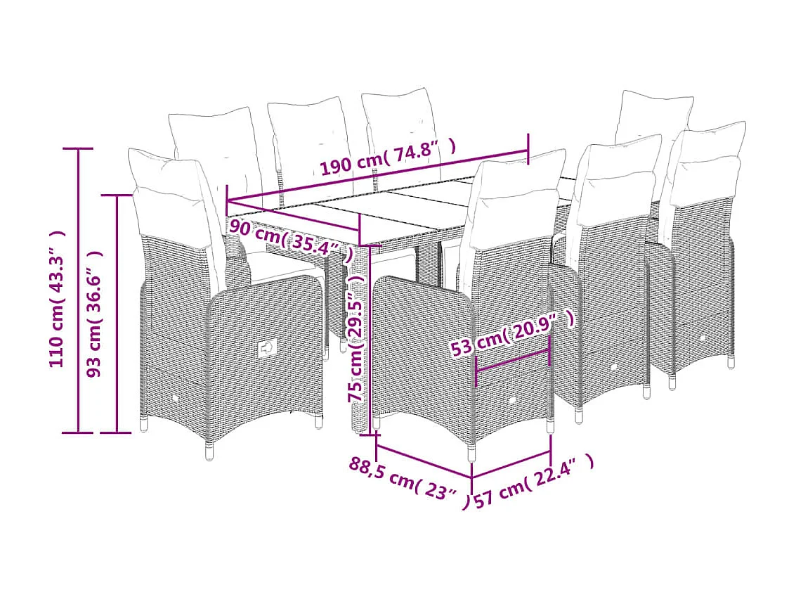 Ensemble de bistro de jardin 9 pcs coussins noir poly rotin