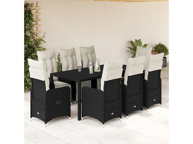 Ensemble de bistro de jardin 9 pcs coussins noir poly rotin