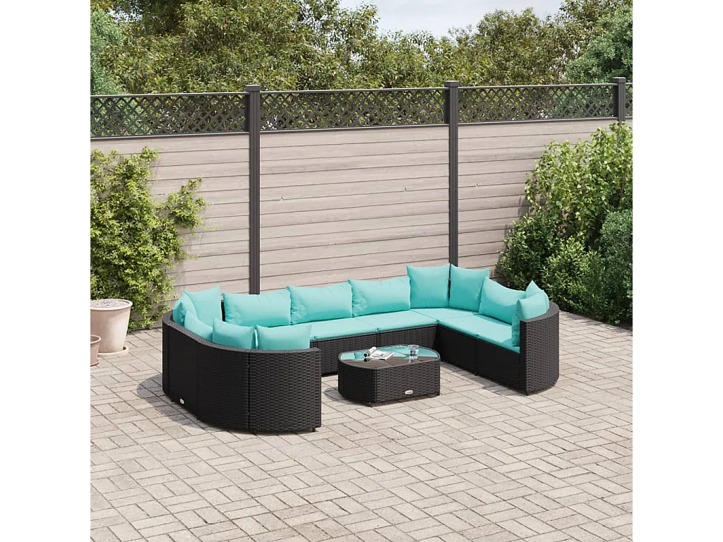 Set Divani da Giardino 10pz con Cuscini in Polyrattan Nero