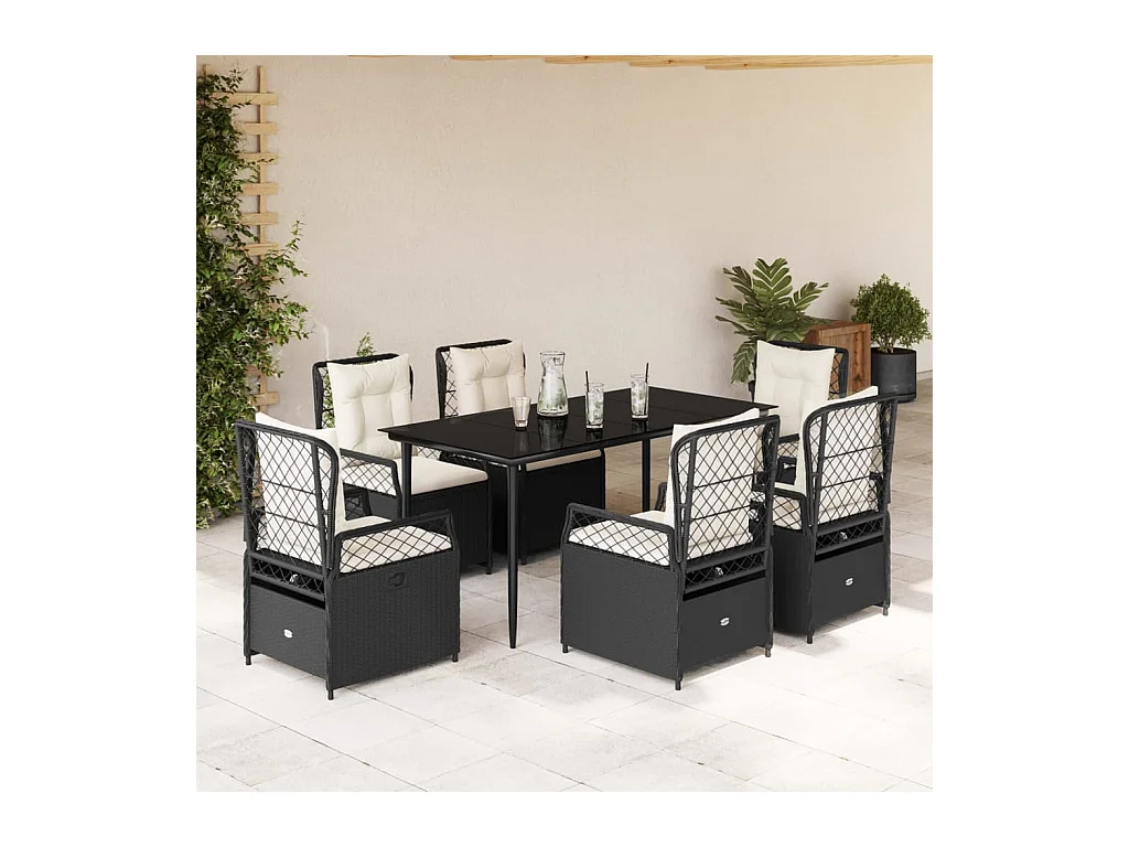 7-delige Tuinset met kussens poly rattan zwart