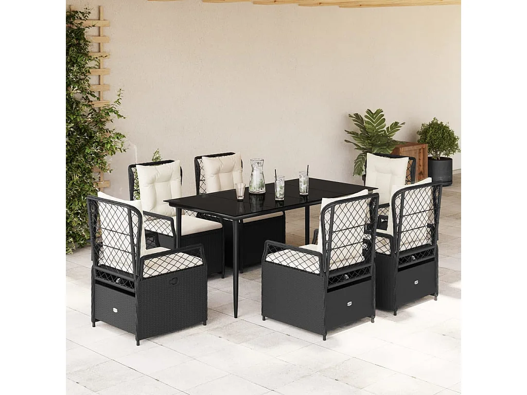 Set de comedor de jardín 7 pzas y cojines ratán sintético negro