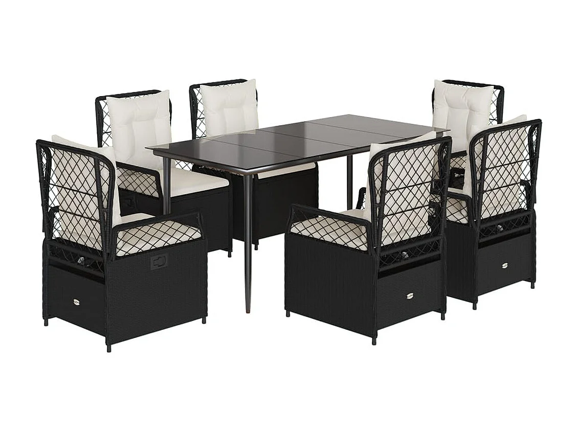 Set de comedor de jardín 7 pzas y cojines ratán sintético negro
