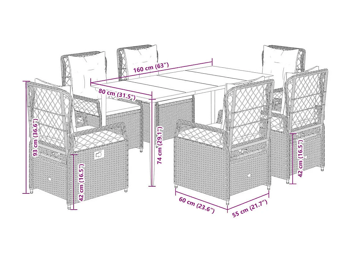 Set de comedor de jardín 7 pzas y cojines ratán sintético negro