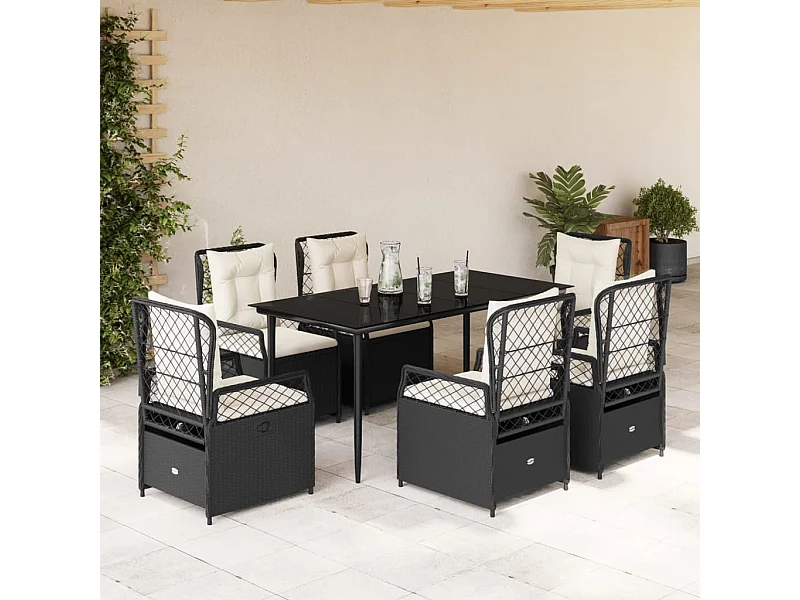 Set de comedor de jardín 7 pzas y cojines ratán sintético negro
