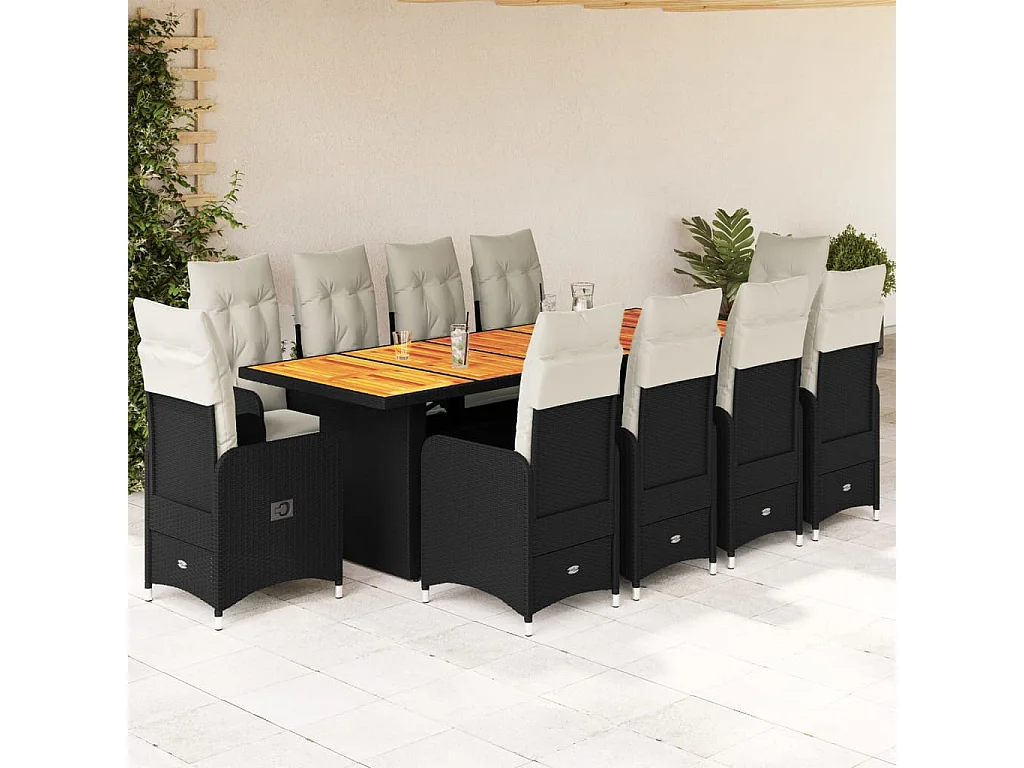 11-tlg. Garten-Bistro-Set mit Kissen Schwarz Poly Rattan