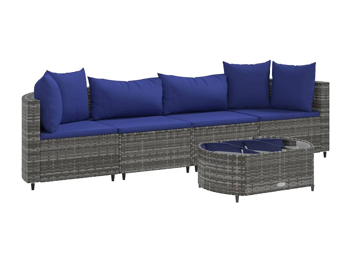5-delige Loungeset met kussens poly rattan grijs