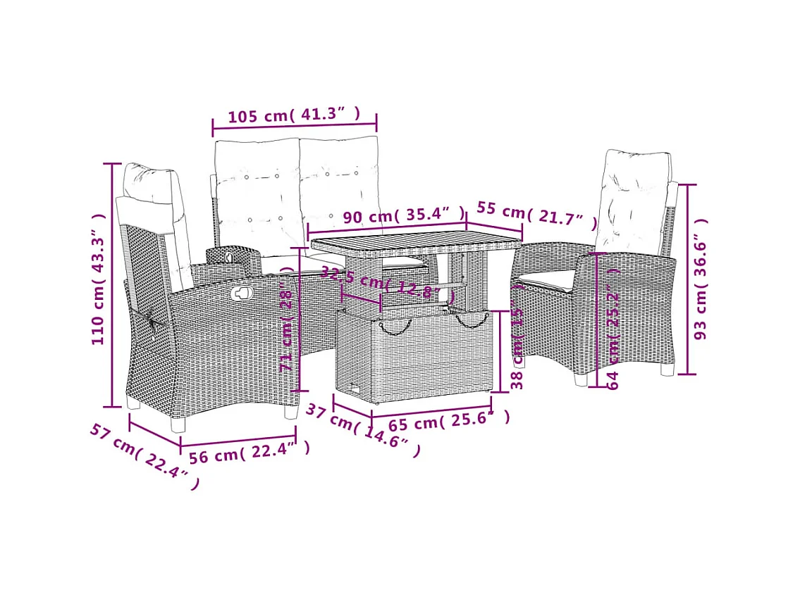 4-delige Tuinset met kussens poly rattan beige
