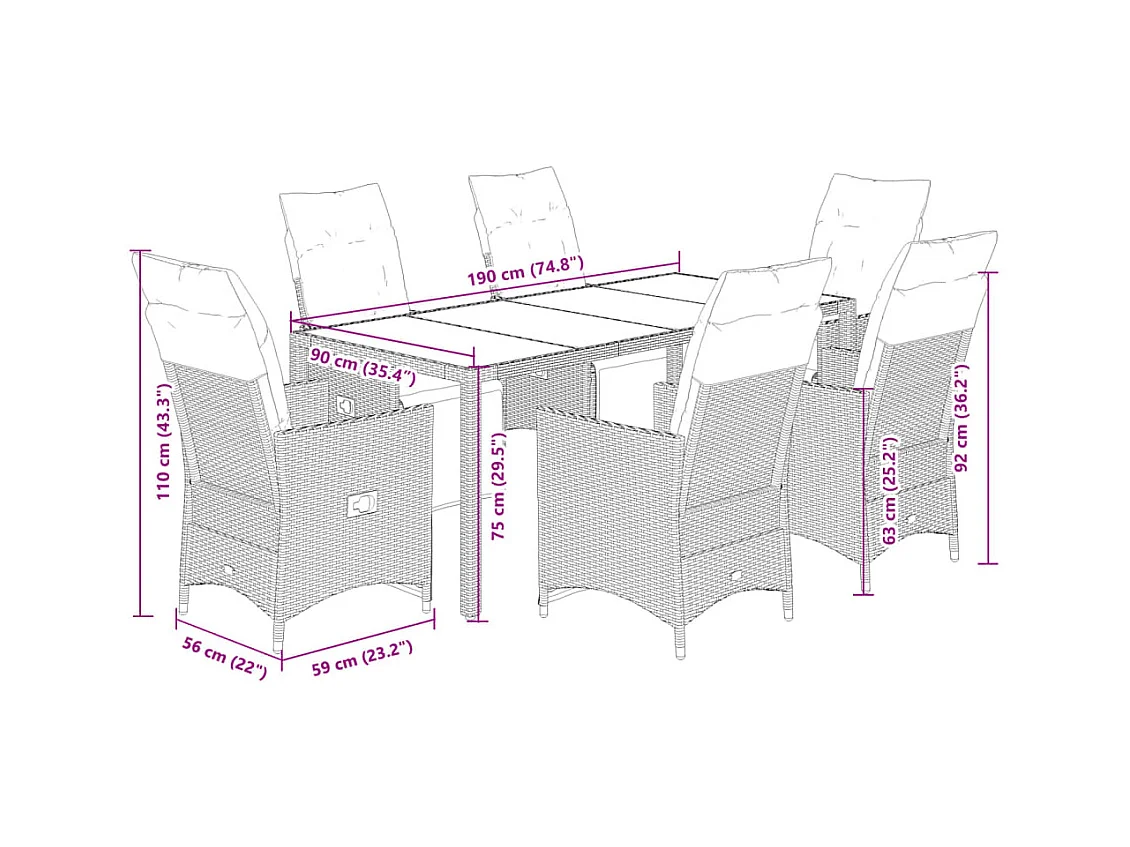 Ensemble à manger de jardin coussins 7pcs Noir Résine tressée
