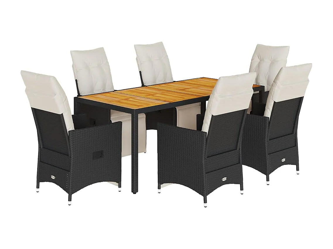 Ensemble à manger de jardin coussins 7pcs Noir Résine tressée