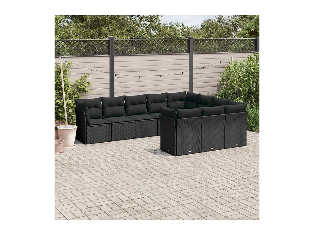 Salon de jardin 10 pcs avec coussins noir résine tressée