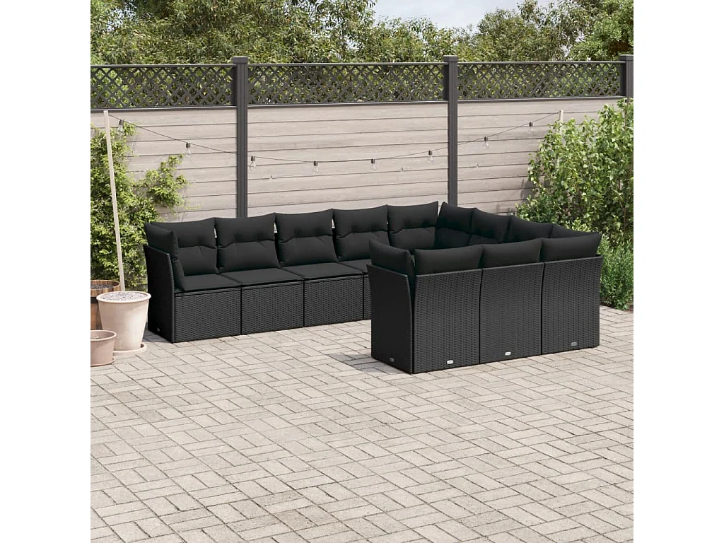 Salon de jardin 10 pcs avec coussins noir résine tressée