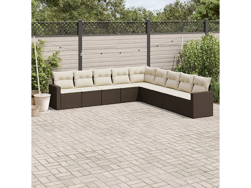 Set Divani da Giardino 9pz con Cuscini Marrone in Polyrattan