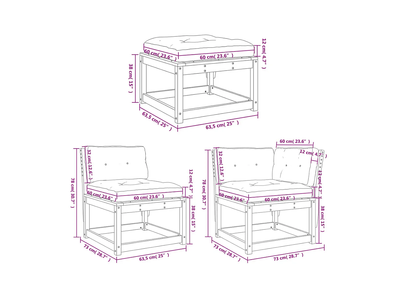 5-delige Loungeset met kussens massief grenenhout wit