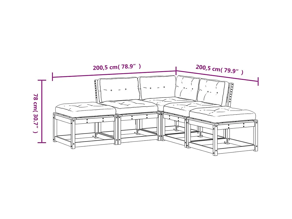 5-delige Loungeset met kussens massief grenenhout wit
