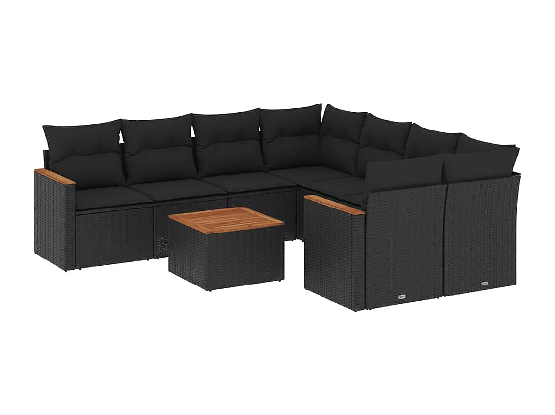 9-tlg. Garten-Sofagarnitur mit Kissen Schwarz Poly Rattan