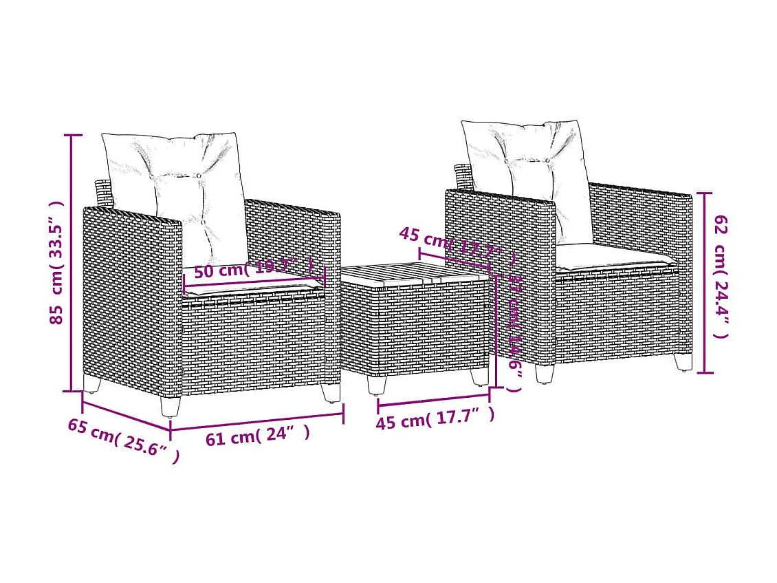 Ensemble de bistro 3 pcs coussins beige résine tressée acacia