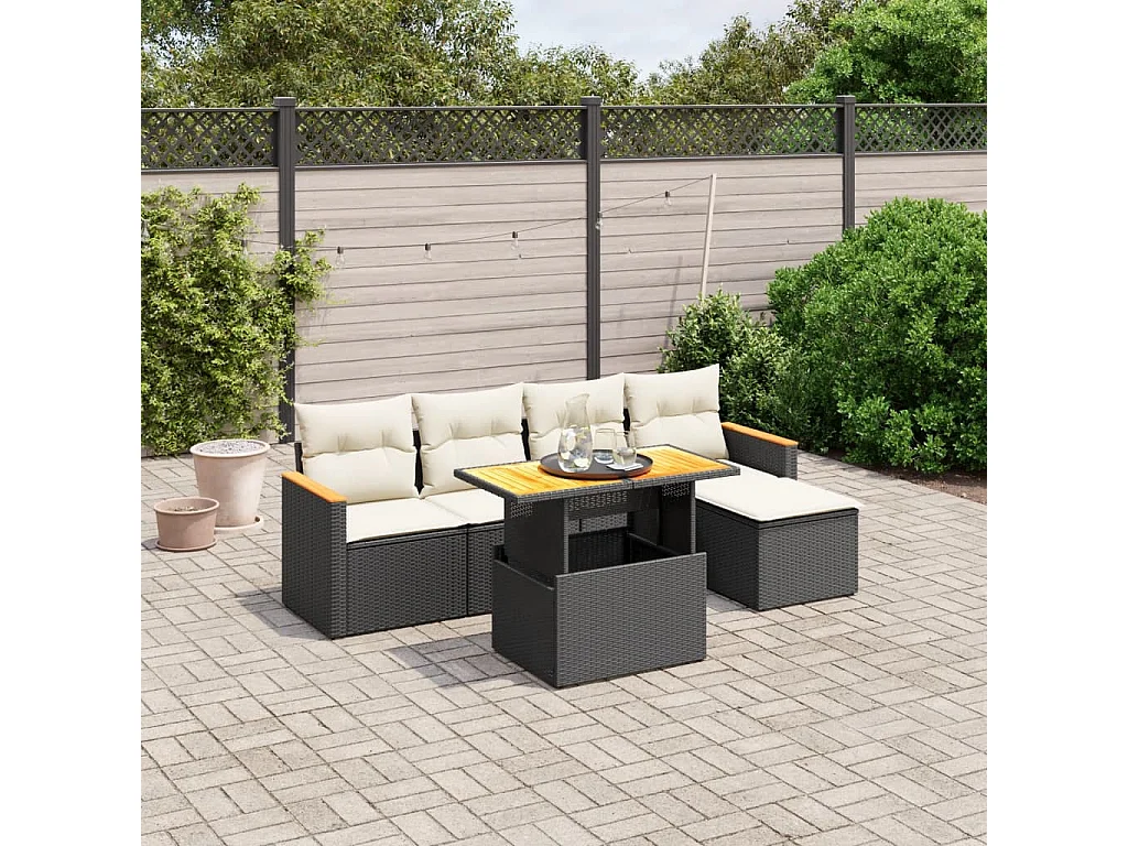 Salon de jardin 6 pcs avec coussins noir résine tressée