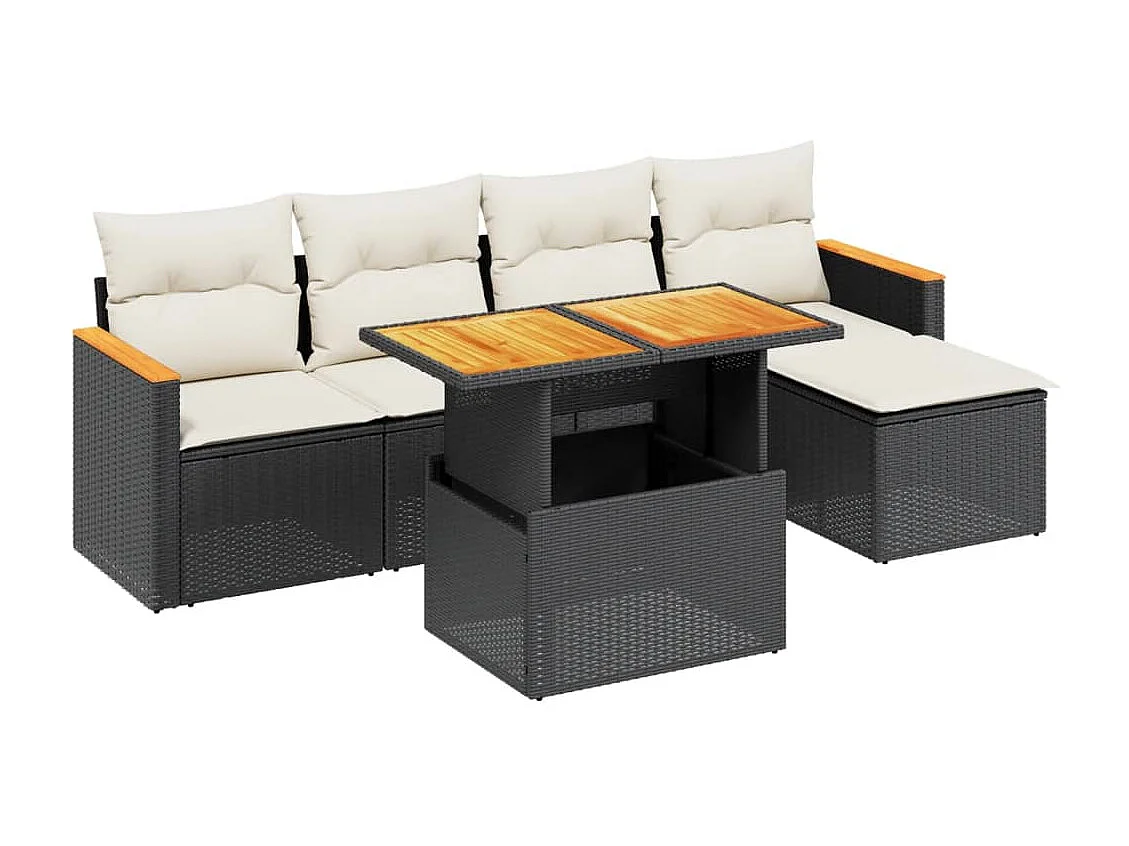 6 pcs conjunto sofás de jardim c/ almofadões vime PE preto