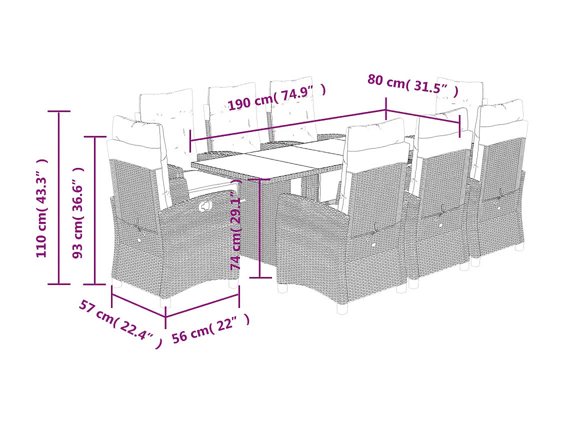Set comedor de jardín 9 pzas con cojines ratán sintético beige