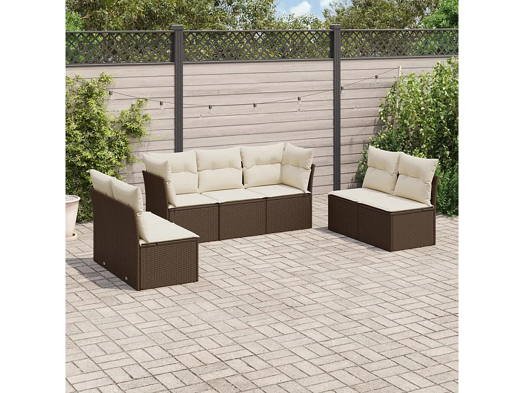 Salon de jardin avec coussins 7 pcs marron résine tressée