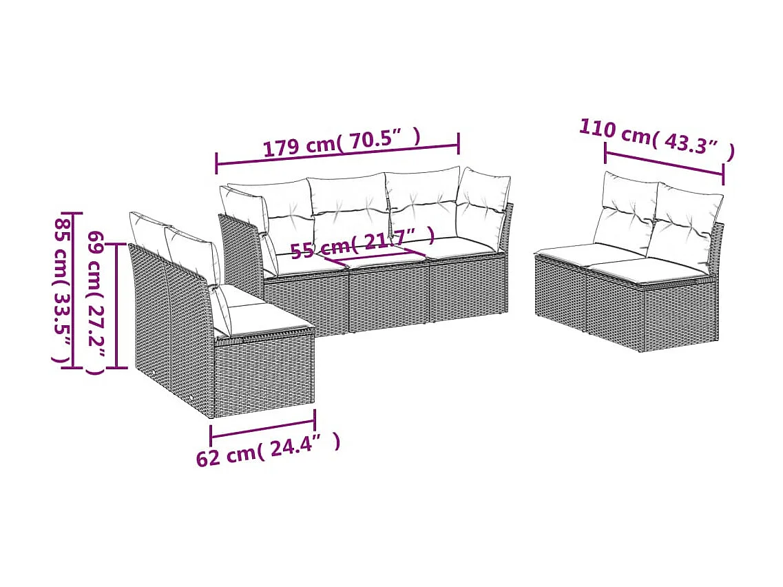 Salon de jardin avec coussins 7 pcs marron résine tressée