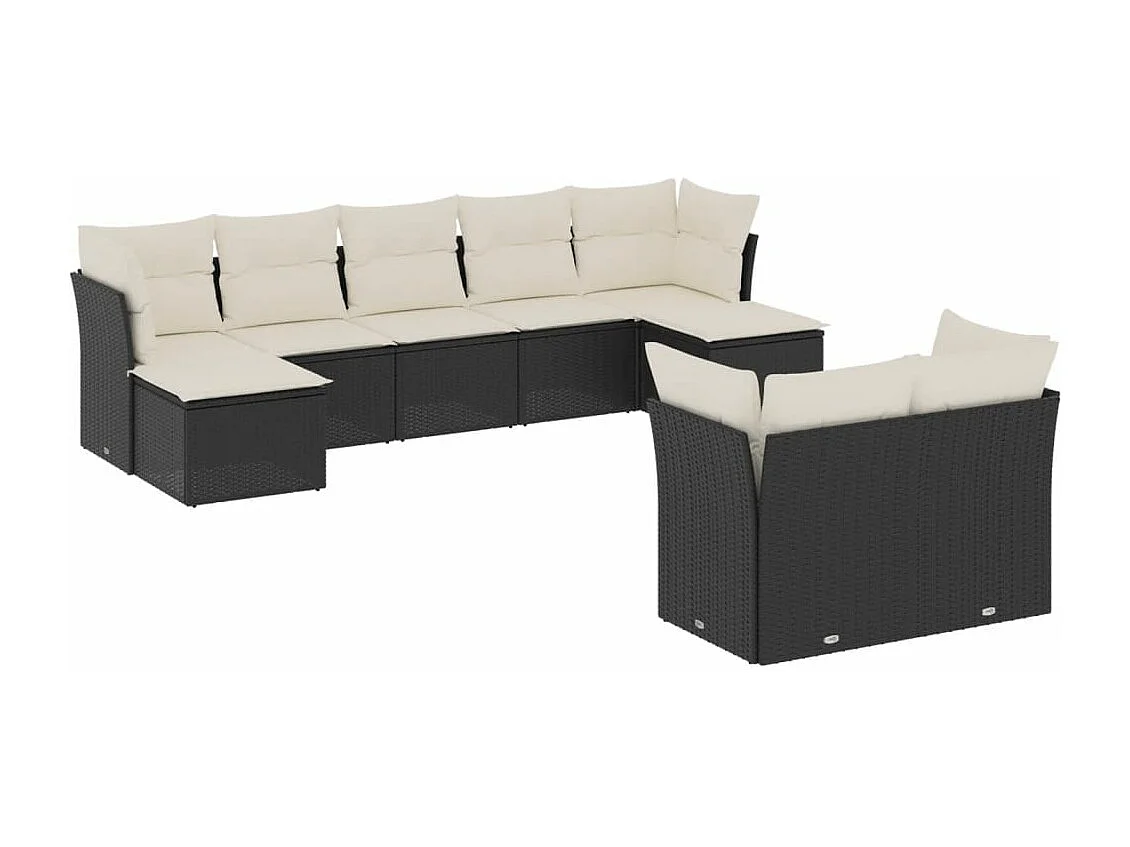 9-delige Loungeset met kussens poly rattan zwart