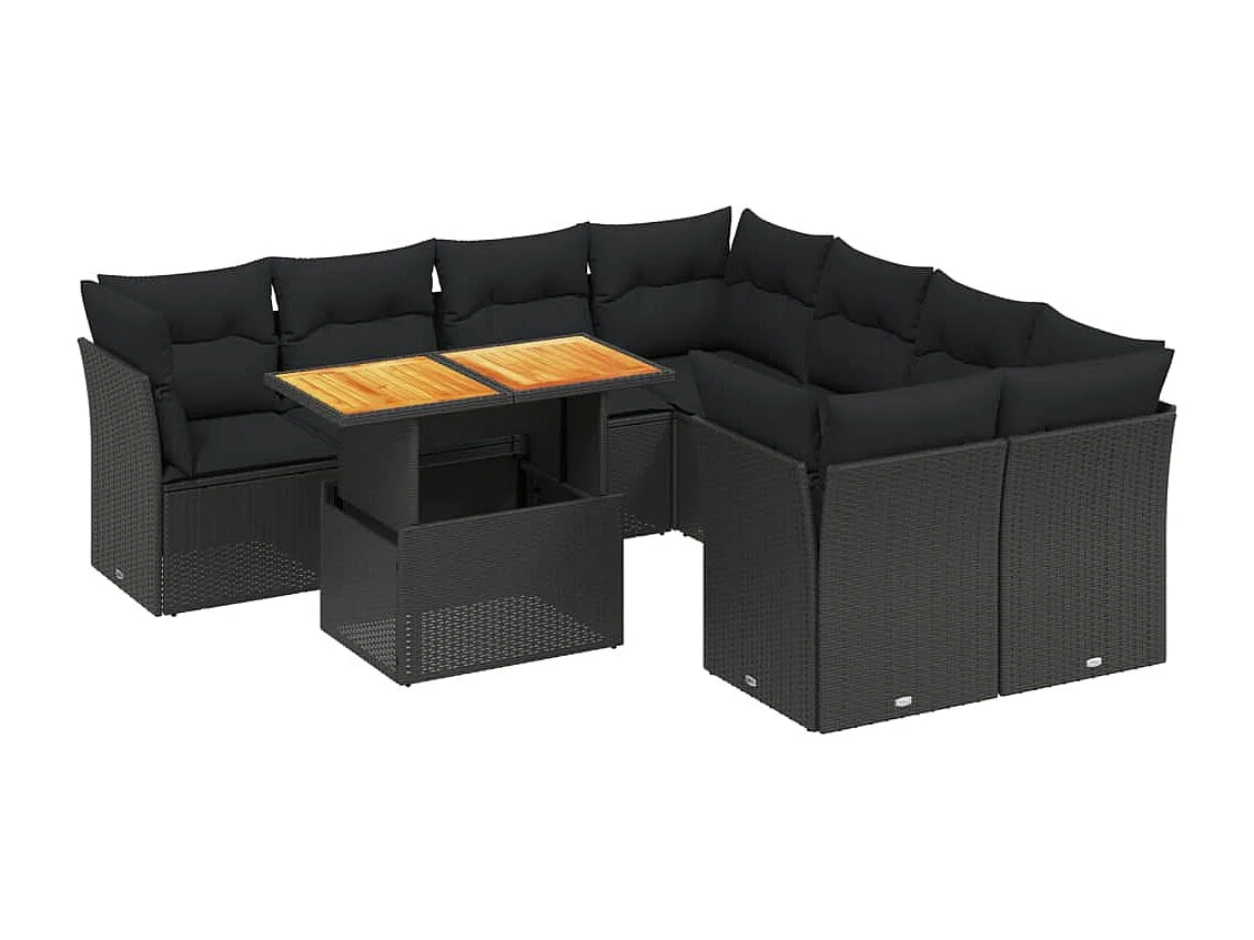 9-tlg. Garten-Sofagarnitur mit Kissen Schwarz Poly Rattan