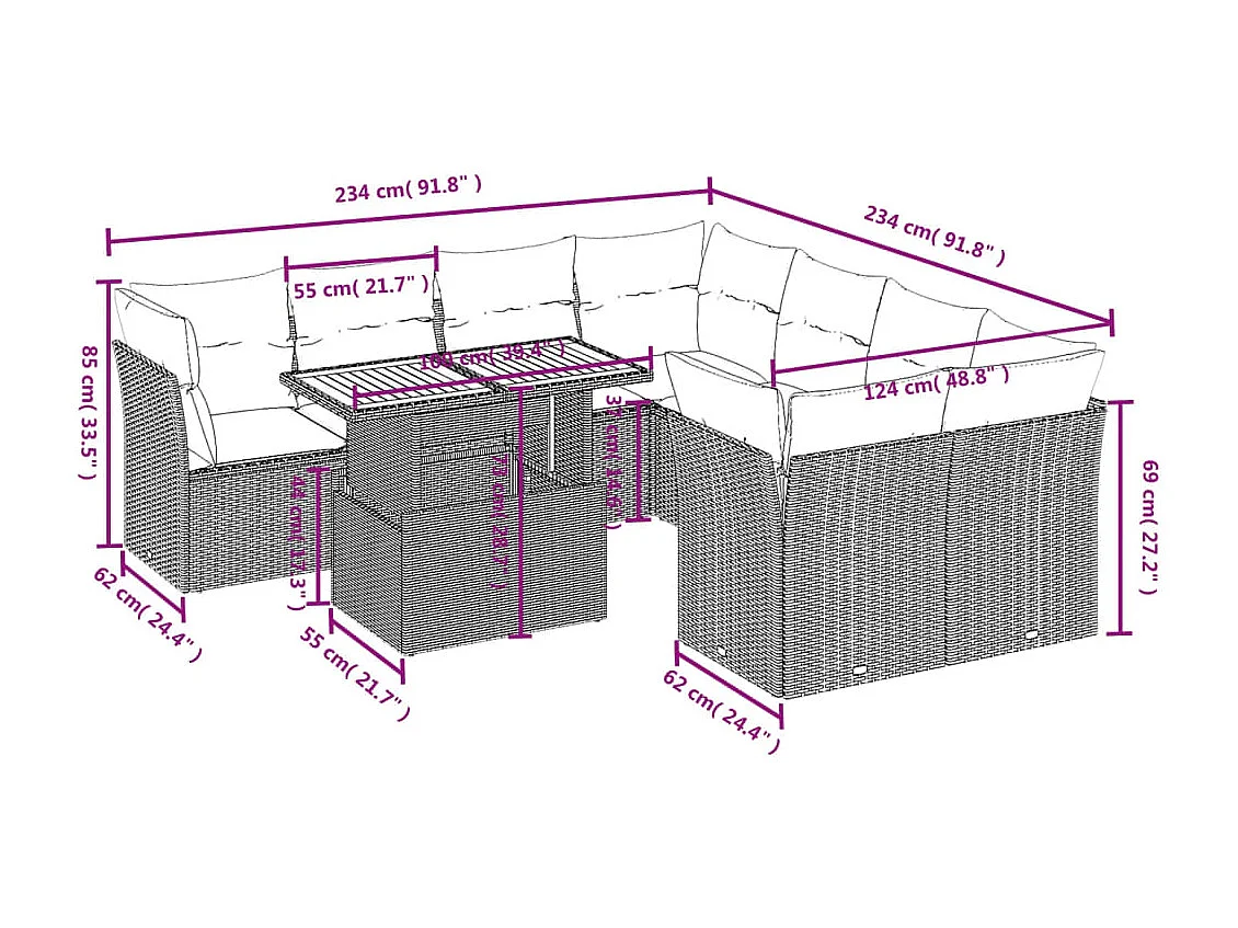 9-tlg. Garten-Sofagarnitur mit Kissen Schwarz Poly Rattan