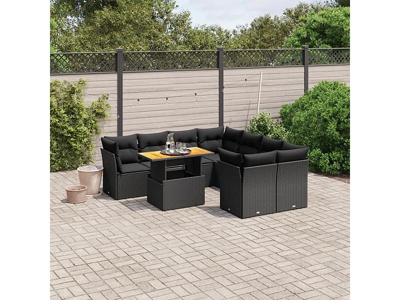 9-tlg. Garten-Sofagarnitur mit Kissen Schwarz Poly Rattan