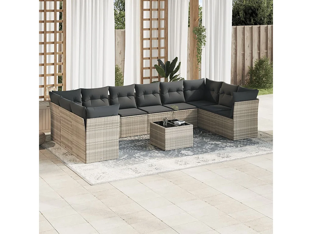 11-delige Loungeset met kussens poly rattan lichtgrijs