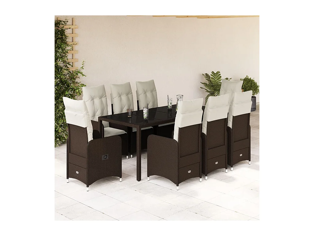 Ensemble de bistro de jardin 9 pcs coussins marron poly rotin