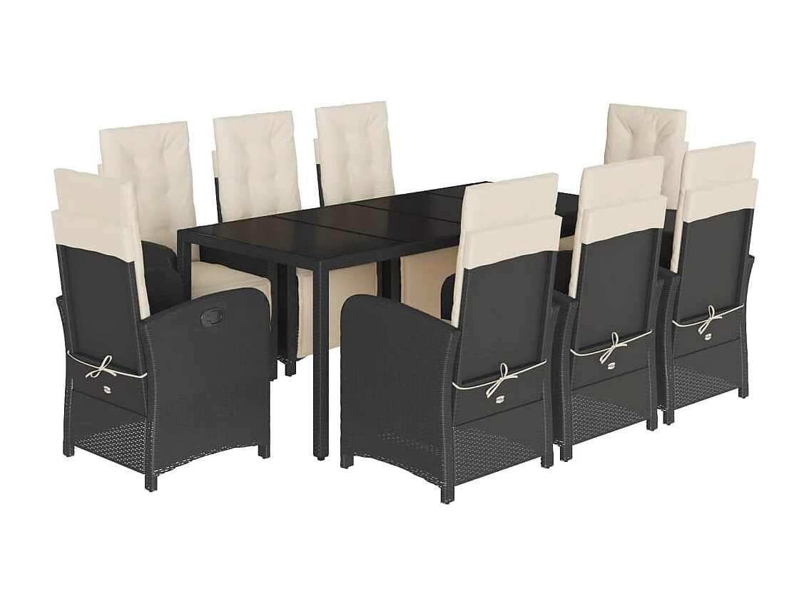 Set de comedor de jardín 9 pzas y cojines ratán sintético negro