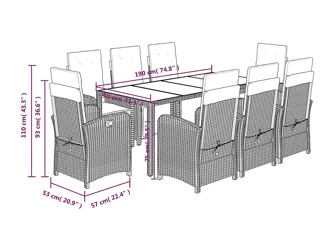 Set de comedor de jardín 9 pzas y cojines ratán sintético negro