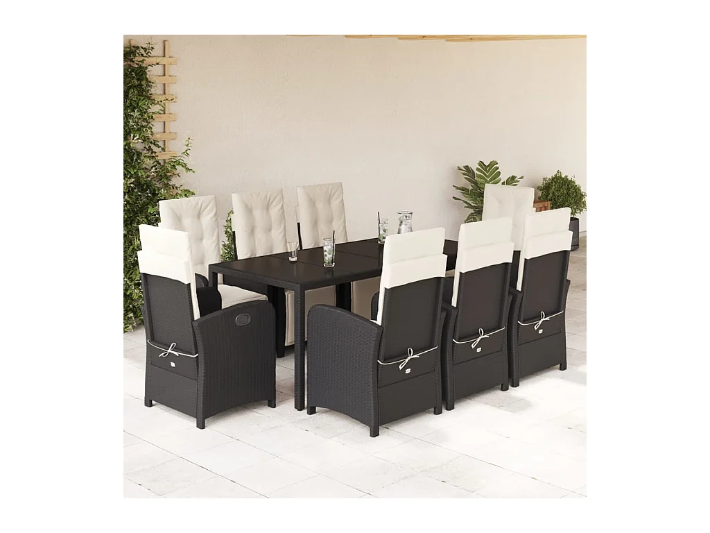 Ensemble à manger de jardin 9pcs coussins noir résine tressée