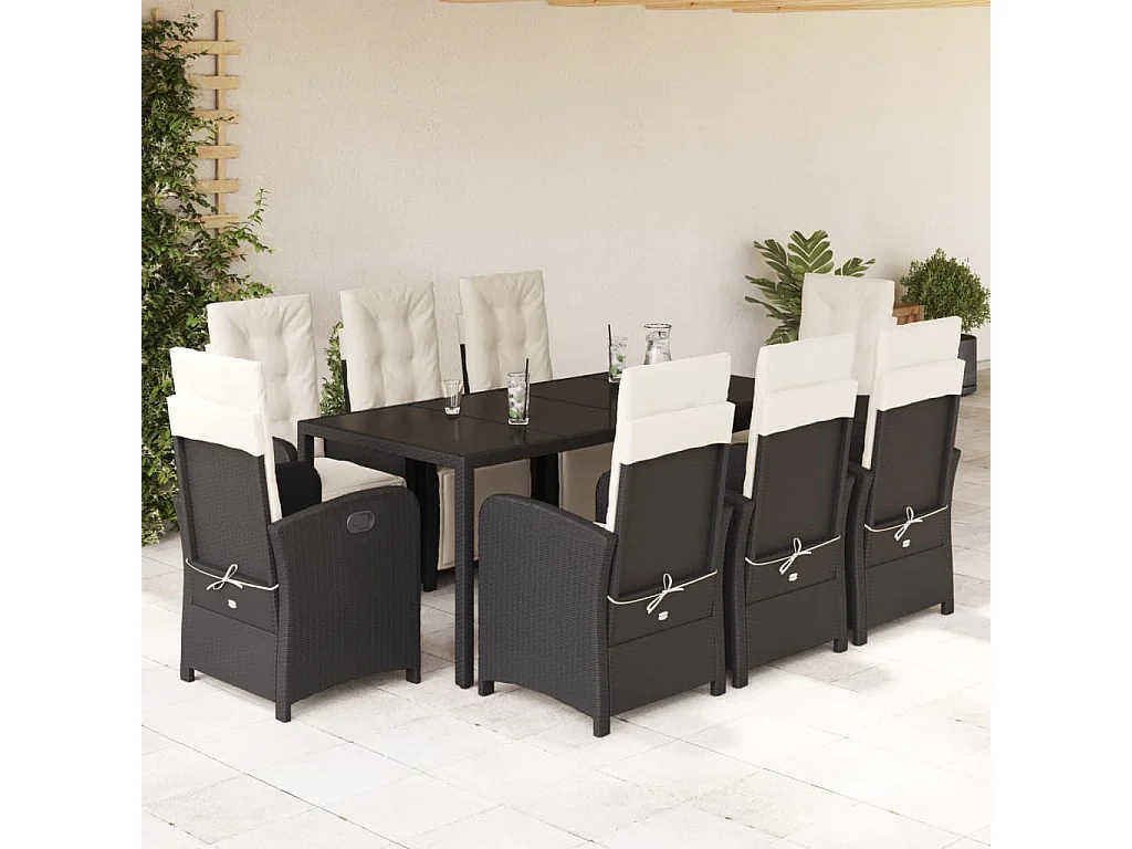 Ensemble à manger de jardin 9pcs coussins noir résine tressée