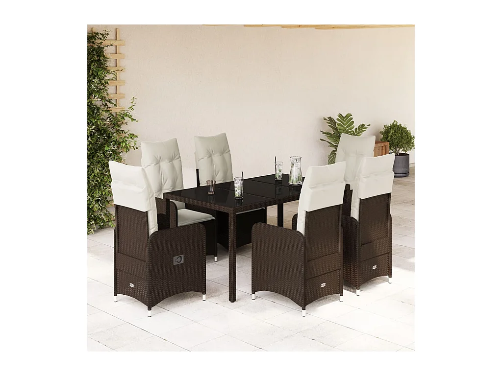 Ensemble de bistro de jardin 7 pcs coussins marron poly rotin
