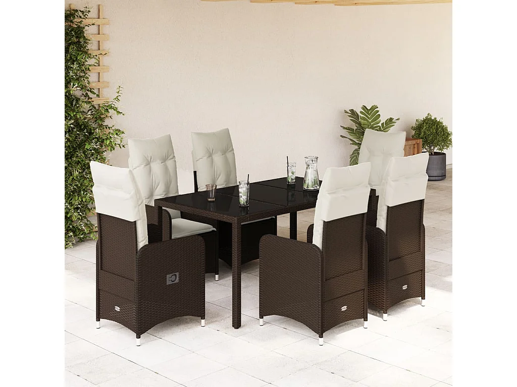 Set Bistrò da Giardino 7 pz con Cuscini in Polyrattan Marrone
