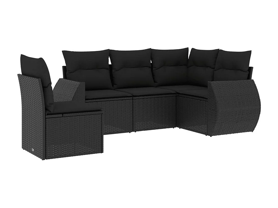 5-delige Loungeset met kussens poly rattan zwart