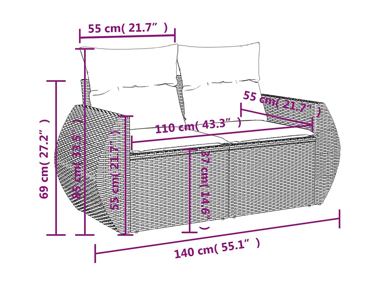 5-delige Loungeset met kussens poly rattan zwart
