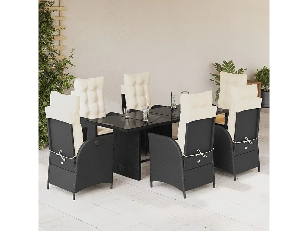 Ensemble à manger de jardin coussins 7pcs Noir Résine tressée