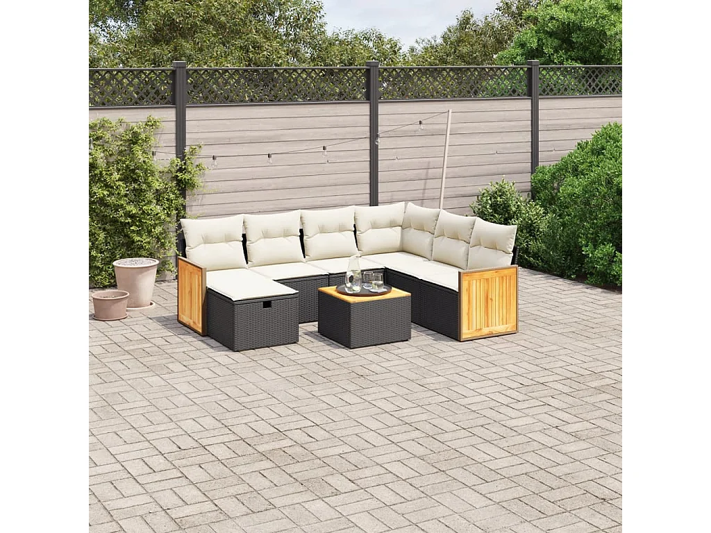 8-delige Loungeset met kussens poly rattan zwart