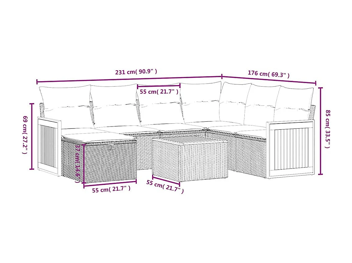 8-delige Loungeset met kussens poly rattan zwart