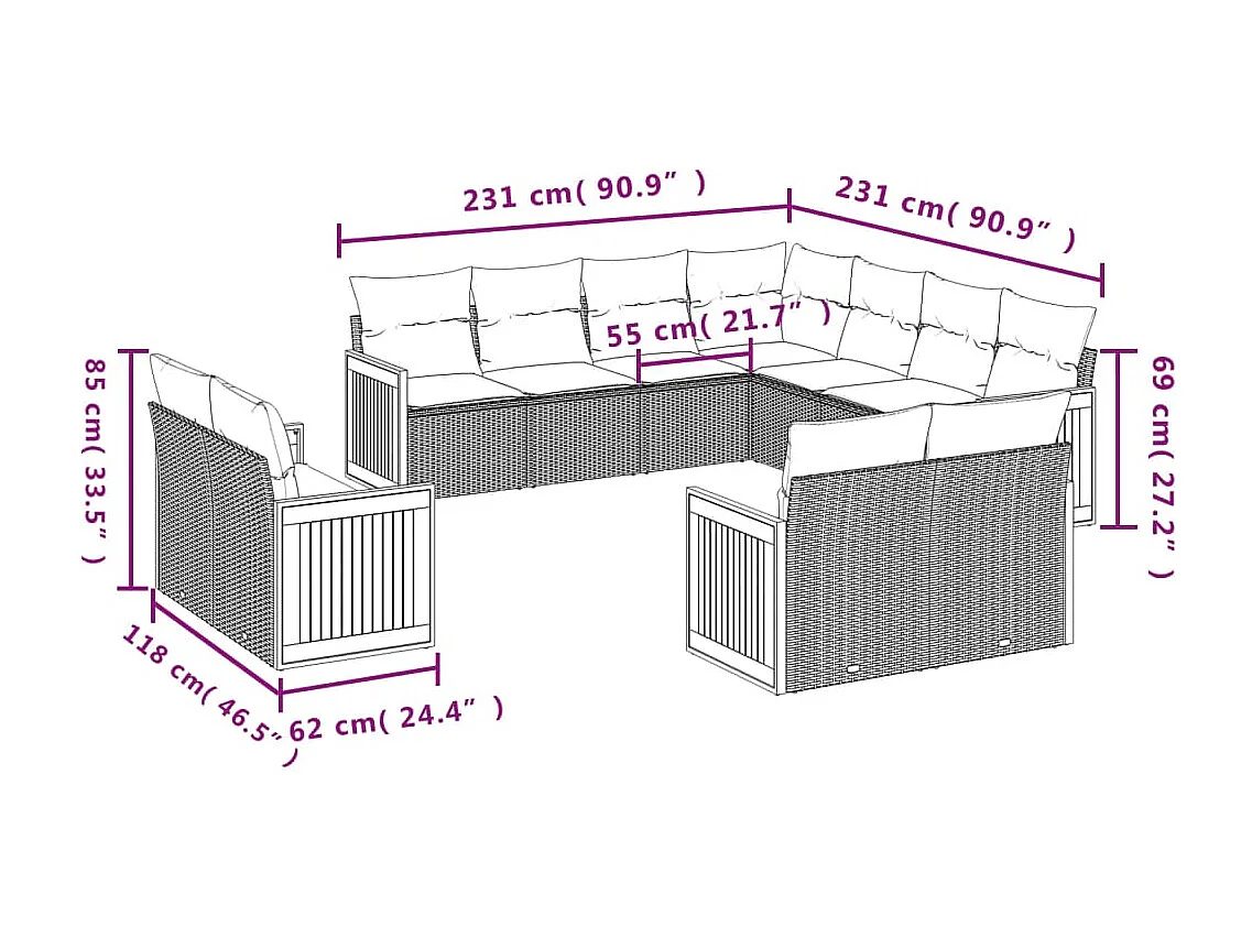 11-delige Tuinset met kussens poly rattan beige