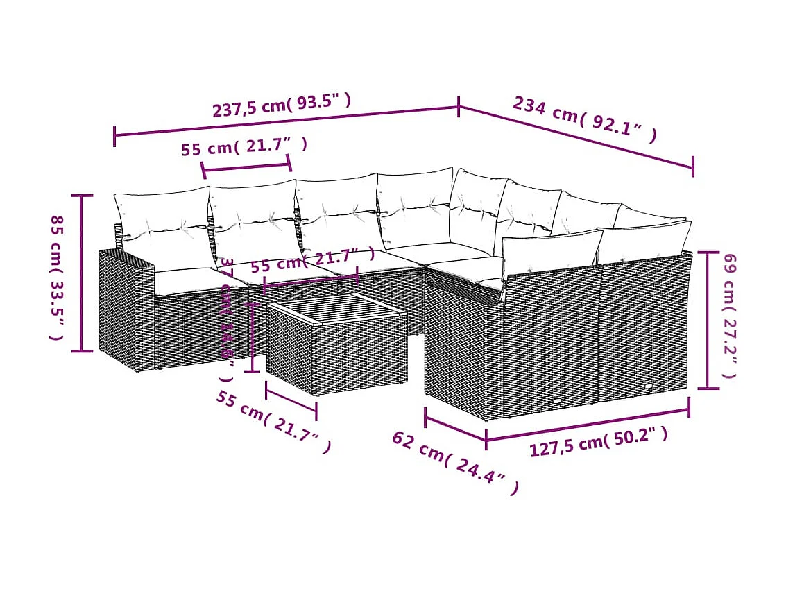 9-tlg. Garten-Sofagarnitur mit Kissen Schwarz Poly Rattan