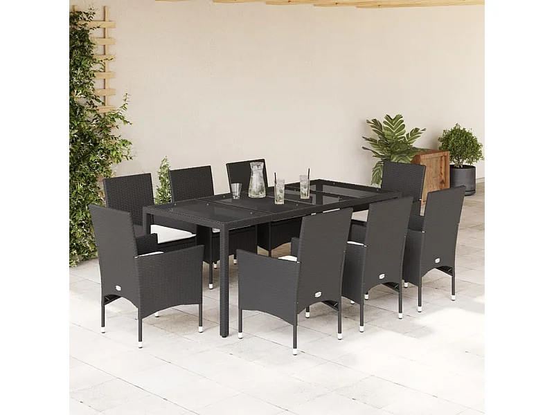 Ensemble à manger de jardin et coussins 9 pcs noir rotin verre