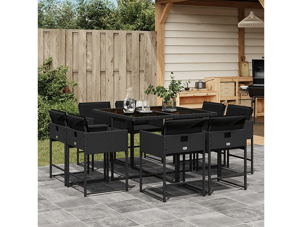 Ensemble à manger de jardin 9pcs coussins noir résine tressée