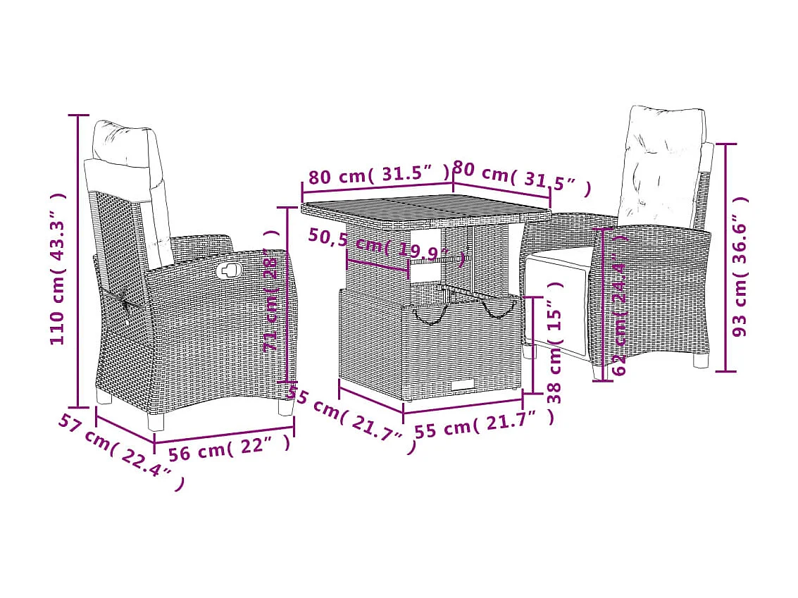 Ensemble à manger de jardin 3 pcs coussins gris résine tressée